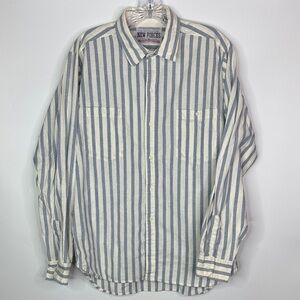 Vintage New Forces Blue White Striped Long Sleeve Button Up Shirt Size Large